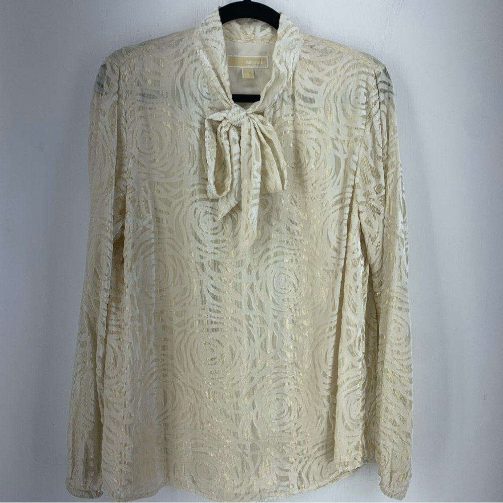 Michael Michael Kors Womens Large Blouse Tone On Tone‎ Gold Metallic Thread Bow